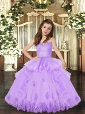  Sleeveless Lace Up Floor Length Appliques Little Girls Pageant Gowns
