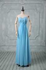 Sophisticated Baby Blue Chiffon Backless Sweetheart Sleeveless Floor Length Prom Dresses Beading and Ruching
