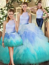 Top Selling Multi-color Three Pieces Ruffles Quince Ball Gowns Backless Tulle Sleeveless Floor Length