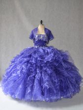 Elegant Floor Length Lace Up Sweet 16 Dress Blue for Sweet 16 and Quinceanera with Beading and Ruffles