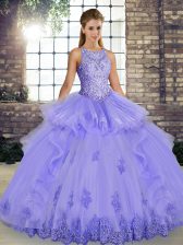  Lavender Ball Gowns Scoop Sleeveless Tulle Floor Length Lace Up Lace and Embroidery and Ruffles 15th Birthday Dress
