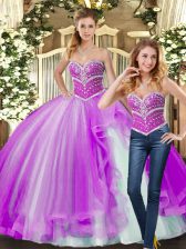 Great Floor Length Lilac Quince Ball Gowns Tulle Sleeveless Beading