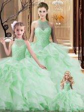  Brush Train Ball Gowns Quinceanera Dress Apple Green Halter Top Organza Sleeveless Lace Up