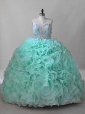  Sweetheart Sleeveless Fabric With Rolling Flowers Ball Gown Prom Dress Beading Brush Train Lace Up