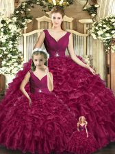  Burgundy V-neck Backless Beading and Ruffles 15 Quinceanera Dress Sleeveless