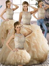 Chic Champagne Zipper 15 Quinceanera Dress Beading and Ruffles Sleeveless Floor Length