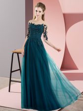  Peacock Green Bateau Neckline Beading and Lace Dama Dress for Quinceanera Half Sleeves Lace Up