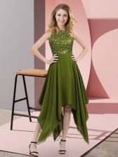  Olive Green Zipper High-neck Beading and Sequins Prom Evening Gown Chiffon Sleeveless