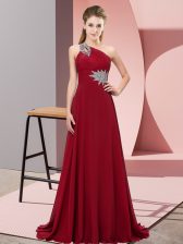  One Shoulder Sleeveless Brush Train Lace Up Wine Red Chiffon