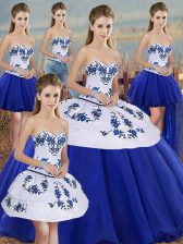 Charming Sleeveless Tulle Floor Length Lace Up Quinceanera Dress in Royal Blue with Embroidery and Bowknot