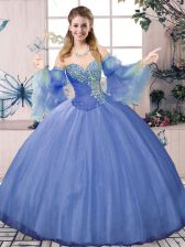 Designer Blue Ball Gowns Beading Vestidos de Quinceanera Lace Up Tulle Sleeveless Floor Length