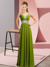  Olive Green Lace Up Prom Party Dress Beading Sleeveless Floor Length