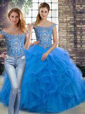  Blue Lace Up Off The Shoulder Beading and Ruffles Quince Ball Gowns Tulle Sleeveless Brush Train