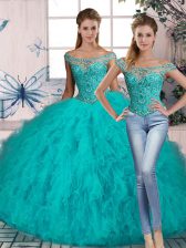  Aqua Blue Off The Shoulder Lace Up Beading and Ruffles 15 Quinceanera Dress Brush Train Sleeveless