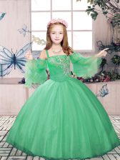 Green Tulle Lace Up Little Girl Pageant Gowns Sleeveless Floor Length Beading