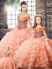 Vintage Peach Off The Shoulder Neckline Beading and Ruffled Layers Quince Ball Gowns Sleeveless Lace Up