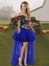 Superior Royal Blue A-line Embroidery Homecoming Dress Lace Up Tulle Sleeveless High Low