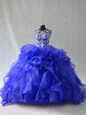  Royal Blue Sleeveless Organza Lace Up Quinceanera Gowns for Sweet 16 and Quinceanera