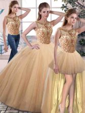  Gold Sleeveless Floor Length Beading Lace Up Sweet 16 Quinceanera Dress