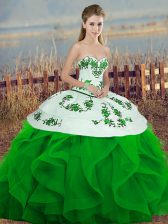  Green Tulle Lace Up Sweetheart Sleeveless Floor Length Ball Gown Prom Dress Embroidery and Ruffles and Bowknot