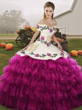 Captivating Fuchsia Quinceanera Dresses Military Ball and Sweet 16 and Quinceanera with Embroidery and Ruffled Layers Off The Shoulder Sleeveless Lace Up