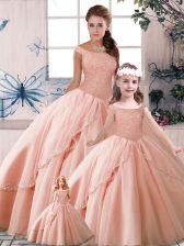  Peach Quinceanera Dress Off The Shoulder Sleeveless Brush Train Lace Up
