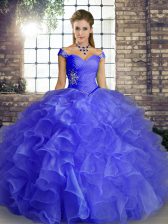  Blue Ball Gowns Beading and Ruffles Sweet 16 Dress Lace Up Organza Sleeveless Floor Length