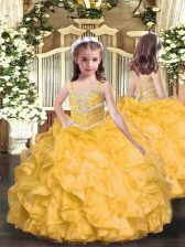  Gold Lace Up Custom Made Pageant Dress Beading and Ruffles Sleeveless Floor Length