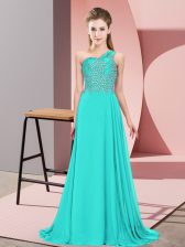  Turquoise Side Zipper One Shoulder Beading Evening Dress Chiffon Sleeveless