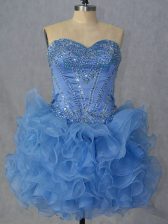 Classical Blue Ball Gowns Sweetheart Sleeveless Organza Mini Length Lace Up Beading and Ruffles Prom Dress