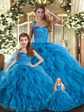 Cute Blue Ball Gowns Halter Top Sleeveless Tulle Floor Length Lace Up Ruffles Vestidos de Quinceanera