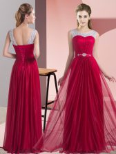 Beauteous Beading and Belt Quinceanera Dama Dress Wine Red Lace Up Sleeveless Floor Length