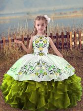 Fashion Olive Green Organza Lace Up Scoop Sleeveless Floor Length Evening Gowns Embroidery and Ruffles
