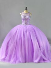  Sleeveless Tulle Floor Length Lace Up Quinceanera Dress in Lavender with Beading