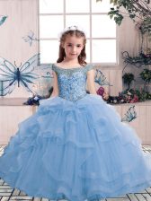 Graceful Floor Length Light Blue Little Girls Pageant Gowns Tulle Sleeveless Beading and Ruffles