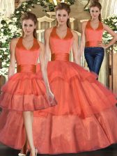 Low Price Orange Organza Lace Up Quince Ball Gowns Sleeveless Floor Length Ruffled Layers