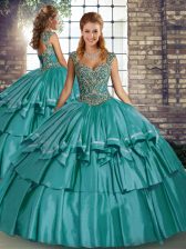  Teal Sleeveless Beading and Ruffled Layers Floor Length Quinceanera Gown