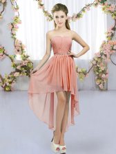 Hot Sale High Low Peach Dama Dress for Quinceanera Chiffon Sleeveless Beading