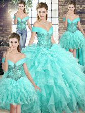  Off The Shoulder Sleeveless Sweet 16 Dress Brush Train Beading and Ruffles Aqua Blue Organza
