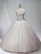 Glittering White Ball Gowns Beading 15th Birthday Dress Lace Up Tulle Sleeveless Floor Length