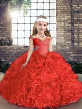 Fancy Red Ball Gowns Beading Evening Gowns Lace Up Organza and Fabric With Rolling Flowers Sleeveless Floor Length