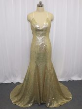 Low Price Champagne Sequined Criss Cross Spaghetti Straps Sleeveless Homecoming Dress Brush Train Sequins