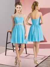 High End Aqua Blue Cap Sleeves Mini Length Beading Lace Up Quinceanera Court of Honor Dress