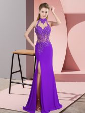 Hot Sale Purple Chiffon Backless Halter Top Sleeveless Floor Length Prom Dresses Beading