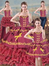 Ideal Burgundy Lace Up Sweet 16 Dresses Embroidery and Ruffles Sleeveless Brush Train
