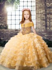 Wonderful Organza Straps Sleeveless Brush Train Lace Up Beading and Ruffled Layers Little Girls Pageant Dress Wholesale in Orange