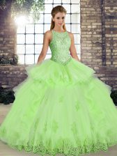 Decent Yellow Green Ball Gowns Tulle Scoop Sleeveless Lace and Embroidery and Ruffles Floor Length Lace Up 15 Quinceanera Dress