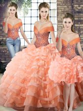  Peach Organza Lace Up Off The Shoulder Sleeveless Quinceanera Dress Brush Train Beading and Ruffled Layers