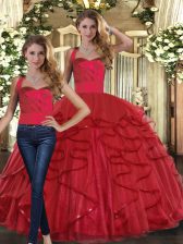 Low Price Floor Length Red Sweet 16 Dress Tulle Sleeveless Ruffles