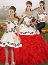  White And Red Off The Shoulder Neckline Embroidery and Ruffles Sweet 16 Dresses Sleeveless Lace Up